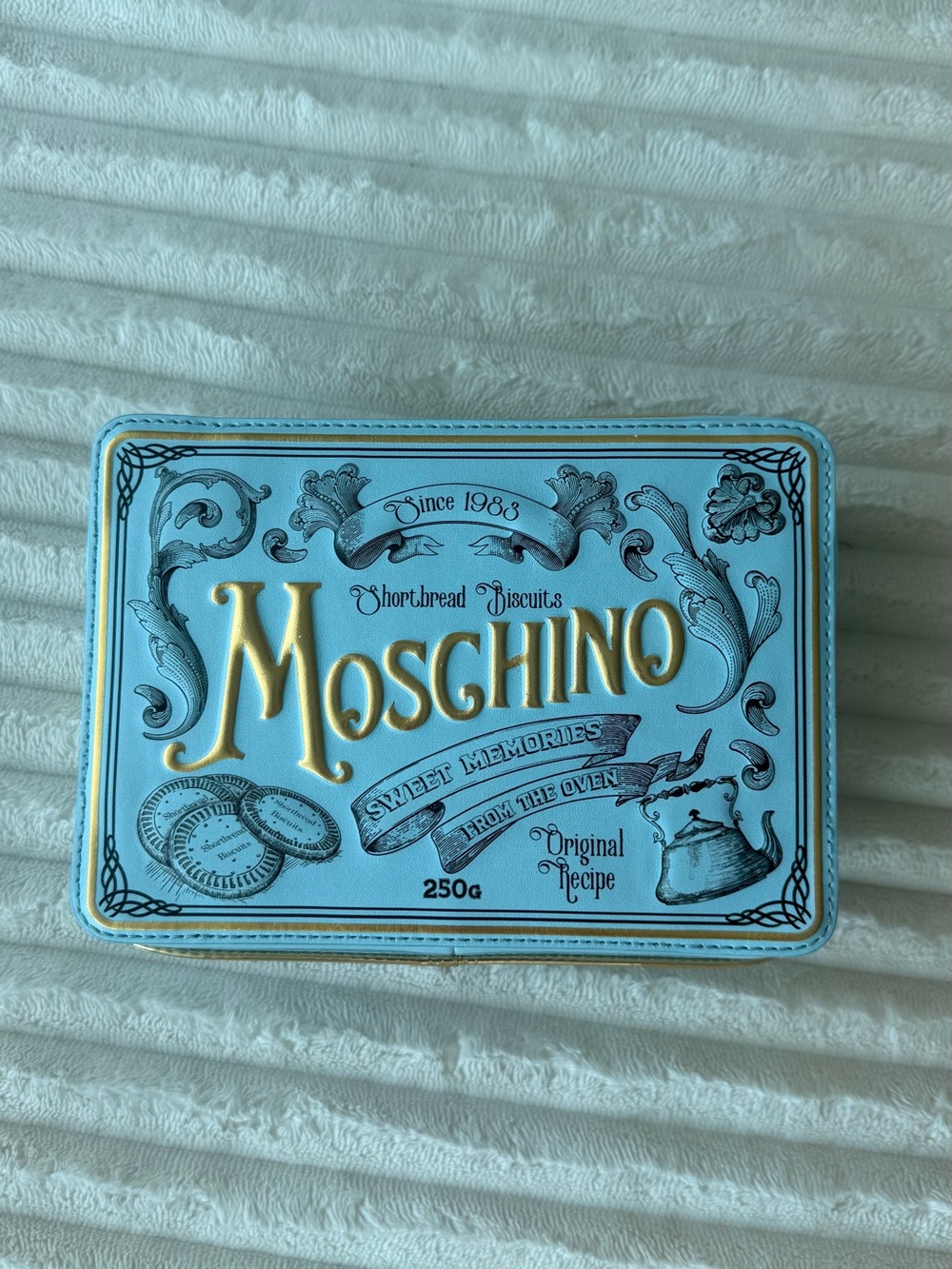 Moschino Cookie Box Clutch Bag Pastel Blue NWT